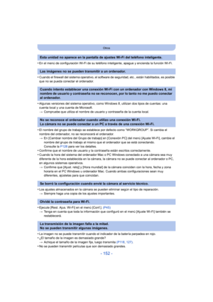 Page 152- 152 -
Otros
•En el menú de configuración Wi-Fi de su teléfono inteligente, apague y encienda la función Wi-Fi.
•Cuando el firewall del sistema operativo, el software de seguridad, etc., están habilitados, es posible 
que no se pueda conectar el ordenador.
•Algunas versiones del sistema operativo, como Windows 8, utilizan dos tipos de cuentas: una 
cuenta local y una cuenta de Microsoft.
> Compruebe que utiliza el nombre de usuario y contraseña de la cuenta local.
•El nombre del grupo de trabajo se...