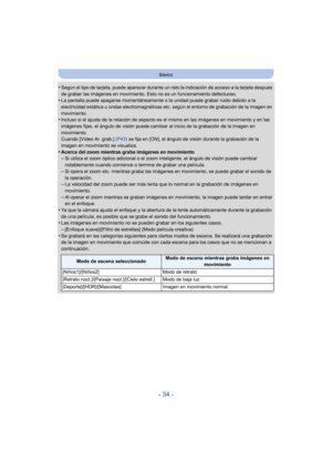 Page 34- 34 -
Básico
•Según el tipo de tarjeta, puede aparecer durante un rato la indicación de acceso a la tarjeta después 
de grabar las imágenes en movimiento. Esto no es un funcionamiento defectuoso.
•La pantalla puede apagarse momentáneamente o la unidad puede grabar ruido debido a la 
electricidad estática u ondas electromagnéticas etc. según el entorno de grabación de la imagen en 
movimiento.
•Incluso si el ajuste de la relación de aspecto es el mismo en las imágenes en movimiento y en las 
imágenes...