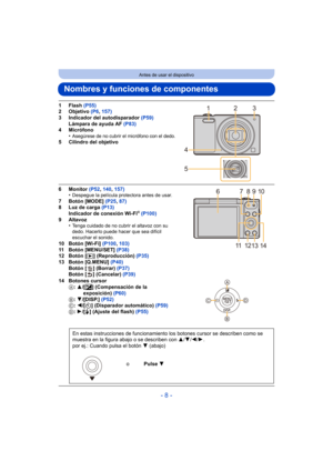 Page 8- 8 -
Antes de usar el dispositivo
Nombres y funciones de componentes
1 Flash (P55)
2 Objetivo  (P6, 157)
3 Indicador del autodisparador (P59) Lámpara de ayuda AF  (P83)
4Micrófono •
Asegúrese de no cubrir el micrófono con el dedo.5 Cilindro del objetivo
6 Monitor (P52 , 140,  157)
•Despegue la película protectora antes de usar.7 Botón [MODE] (P25 , 87)
8 Luz de carga  (P13)
Indicador de conexión Wi-Fi
®  (P100)
9 Altavoz •
Tenga cuidado de no cubrir el altavoz con su 
dedo. Hacerlo puede hacer que sea...