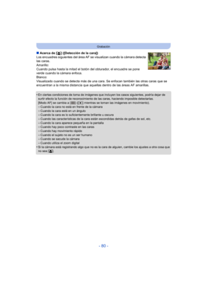 Page 80- 80 -
Grabación
∫Acerca de [ š] ([Detección de la cara])
Los encuadres siguientes del área AF se  visualizan cuando la cámara detecta 
las caras.
Amarillo:
Cuando pulsa hasta la mitad el botón del obturador, el encuadre se pone 
verde cuando la cámara enfoca.
Blanco:
Visualizado cuando se detecta más de una cara. Se enfocan también las otras caras que se 
encuentran a la misma distancia que aquellas dentro de las áreas AF amarillas.
•
En ciertas condiciones de toma de imágenes que incluyen los casos...
