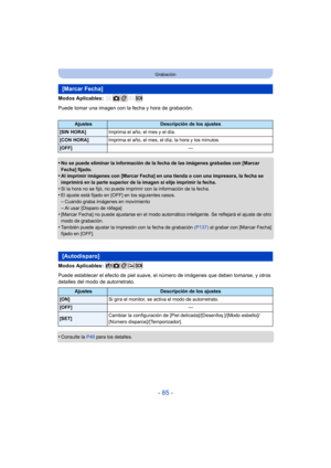 Page 85- 85 -
Grabación
Modos Aplicables: 
Puede tomar una imagen con la fecha y hora de grabación.
•
No se puede eliminar la información de la fecha de las imágenes grabadas con [Marcar 
Fecha] fijado.
•Al imprimir imágenes con [Marcar Fecha] en una tienda o con una impresora, la fecha se 
imprimirá en la parte superior de la imagen si elije imprimir la fecha.
•Si la hora no se fijó, no puede imprimir con la información de la fecha.•El ajuste está fijado en [OFF] en los siguientes casos.–Cuando graba imágenes...