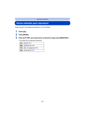 Page 87- 87 -
Reproducción/Edición
Varios métodos para reproducir
Puede reproducir las imágenes grabadas en varios métodos.
1Pulse [(].
2Pulse [MODE].
3Pulse  3/4/2/ 1 para seleccionar el elemento luego pulse [MENU/SET].
•Se pueden fijar los siguientes elementos.
[] ([Todo])  (P35)
[] ([Diapositiva])  (P88)
[] ([Sel. de categoría]) (P90)
[] ([Calendario])  (P91) 
