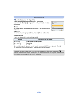 Page 89- 89 -
Reproducción/Edición
∫Cambiar los ajustes de diapositiva
Puede cambiar los ajustes pa ra reproducir diapositivas 
seleccionando [Efecto] o [Configuración] en la pantalla de menú de 
diapositivas.
[Efecto]
Se pueden añadir algunos efectos de pantalla a las transiciones de 
imágenes.
[ON]/[OFF]
•
Al reproducir una imagen panorámica, el ajuste [Efecto] se desactiva.
[Configuración]
Puede ser ajustado [Duración] o [Repetición].
•
[Duración] sólo puede ajustarse cuando ha sido seleccionado [OFF] como...