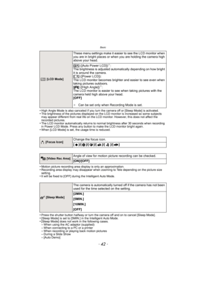 Page 42Basic
- 42 -
•High Angle Mode is also canceled if you turn the camera off or [Sleep Mode] is activated.•The brightness of the pictures displayed on the LCD monitor is increased so some subjects 
may appear different from real life on the LCD monitor. However, this does not affect the 
recorded pictures.
•The LCD monitor automatically returns to normal brightness after 30 seconds when recording 
in Power LCD Mode. Press any button to make the LCD monitor bright again.
•When [LCD Mode] is set, the usage...