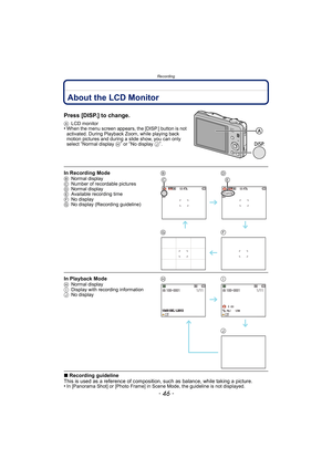 Page 46Recording
- 46 -
RecordingAbout the LCD Monitor
Press [DISP.] to change.
ALCD monitor•When the menu screen appears, the [DISP.] button is not 
activated. During Playback Zoom, while playing back 
motion pictures and during a slide show, you can only 
select 
“Normal display  H” or “No display J”.
∫Recording guideline
This is used as a reference of composition,  such as balance, while taking a picture.
•
In [Panorama Shot] or [Photo Frame] in Scene Mode, the guideline is not displayed.
In Recording ModeB...