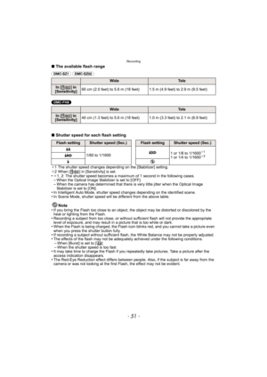 Page 51- 51 -
Recording
∫The available flash range
(DMC-SZ1) (DMC-SZ02) 
(DMC-FH8)
∫ Shutter speed for each flash setting
¢1 The shutter speed changes depending on the [Stabilizer] setting.
¢ 2 When [ ] in [Sensitivity] is set.
•¢1, 2: The shutter speed becomes a maximum of 1 second in the following cases.–When the Optical Image Stabilizer is set to [OFF].–When the camera has determined that there is very little jitter when the Optical Image 
Stabilizer is set to [ON].
•In Intelligent Auto Mode, shutter speed...