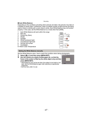 Page 67- 67 -
Recording
∫Auto White Balance
Depending on the conditions prevailing when pictures  are taken, the pictures may take on 
a reddish or bluish tinge. Furthermore, when a multiple number of light sources are being 
used or there is nothing with a color close to  white, Auto White Balance may not function 
properly. In this case, set the White Balance to a mode other than [AWB].
1 Auto White Balance will work within this range
2 Blue sky
3 Cloudy sky (Rain)
4 Shade
5 Sunlight
6 White fluorescent...