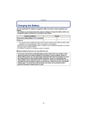 Page 9- 9 -
Preparation
PreparationCharging the Battery
Use the dedicated AC adaptor (supplied), USB connection cable (supplied) and 
battery.
•
The battery is not charged when the camera is shipped. Charge the battery before use.•Charge the battery only when it is inserted in the camera.
¢ The camera can be supplied with power from a power outlet via the USB connection cable 
(supplied) only during playback mode. (The battery is not charged.)
•When there is no remaining battery power, charging may be...