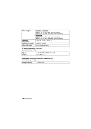 Page 18VQT3Z30 (ENG)18
AC Adaptor (Panasonic VSK0768):
Information for your safety
Battery Pack (lithium-ion) (Panasonic DMW-BCK7PP):
Information for your safetyMass (weight)
(DMC-SZ1) (DMC-SZ02) 
Approx. 131g/0.29 lb (with card and battery)
Approx. 114 g/0.25 lb (excluding card and battery)
(DMC-FH8)
Approx. 123 g/0.28 lb (with card and battery)
Approx. 106 g/0.24 lb (excluding card and battery)
Operating 
temperature 0
oC to 40 oC (32 oF to 104 oF)
Operating humidity 10%RH to 80%RH
Language select...