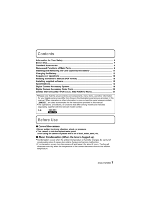 Page 77(ENG) VQT3Z30
Contents
Information for Your Safety......................................................................................... 3
Before Use .................................................................................................................... 7
Standard Accessories ................................................................................................. 8
Names and Functions of Main Parts .......................................................................... 9...