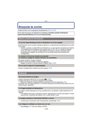 Page 119- 119 -
Otros
Búsqueda de averías
Pruebe primero con el siguiente procedimiento (P119 a 127).
•
Este fenómeno ocurre cuando la carga se realiza en un lugar donde la temperatura es muy alta 
o muy baja. > Vuelva a conectar el cable USB (suministrado) en un lugar donde la temperatura ambiente 
(y la temperatura de la batería) se encuentra entre 10 oC y 30 oC e intente la carga de 
nuevo. [Si vuelve a conectar el cable USB (s uministrado) cuando el dispositivo esté 
completamente cargado, se encenderá la...