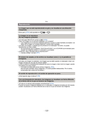 Page 123- 123 -
Otros
•[Girar pant.] (P44) está ajustado en [ ] o [ ].
•¿El interruptor REC/PLAY se fijó en [ (]? (P32)•¿Hay una imagen en la memoria integrada o en la tarjeta?
> Las imágenes en la memoria integrada aparecen cuando no está insertada una tarjeta. Los 
datos de la imagen en la tarjeta aparecen cuando está insertada.
•¿Es ésta una imagen o carpeta que se procesó en el ordenador? De serlo, no puede 
reproducirse con esta unidad.
> Se recomienda usar el software “ PHOTOfunSTUDIO ” en el CD-ROM...