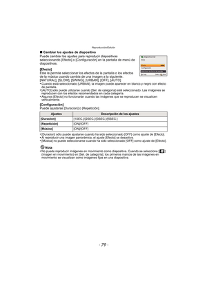 Page 79- 79 -
Reproducción/Edición
∫Cambiar los ajustes de diapositiva
Puede cambiar los ajustes para reproducir diapositivas 
seleccionando [Efecto] o [Configuración] en la pantalla de menú de 
diapositivas.
[Efecto]
Éste le permite seleccionar los efectos de la pantalla o los efectos 
de la música cuando cambia de una imagen a la siguiente.
[NATURAL], [SLOW], [SWING], [URBAN], [OFF], [AUTO]
•
Cuando está seleccionado [URBAN], la imagen puede aparecer en blanco y negro con efecto 
de pantalla.
•[AUTO] sólo...