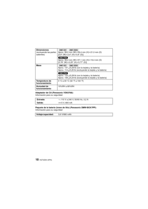 Page 18VQT3Z30 (SPA)18
Adaptador de CA (Panasonic VSK0768):
Información para su seguridad
Paquete de la batería (iones de litio) (Panasonic DMW-BCK7PP):
Información para su seguridadDimensiones
(excluyendo las partes 
salientes)
(DMC-SZ1) (DMC-SZ02) 
Aprox. 99,0 mm (W)
k59,4 mm (H) k21,0 mm (D)
[3,9 q (W) k2,4 q (H) k0,9 q (D)]
(DMC-FH8)
Aprox. 96,0 mm (W) k57,1 mm (H) k19,4 mm (D)
[3,78 q (W) k2,25q  (H)k0,77q  (D)]
Masa (DMC-SZ1) (DMC-SZ02) 
Aprox. 131g/0,29 lb (con la tarjeta y la batería)
Aprox. 114 g/0,25...