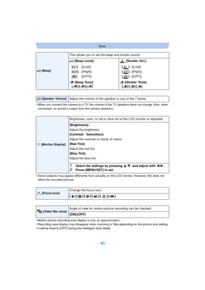 Page 40- 40 -
Basic
•When you connect the camera to a TV, the volume of the TV speakers does not change. Also, when 
connected, no sound is output from the camera speakers.
•Some subjects may appear differently from actuality on the LCD monitor. However, this does not 
affect the recorded pictures.
•Motion picture recording area display is only an approximation.
•Recording area display may disappear when zooming to Tele depending on the picture size setting.•It will be fixed to [OFF] during the Intelligent Auto...