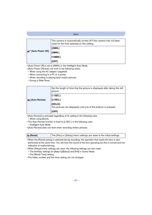 Page 41- 41 -
Basic
•[Auto Power Off] is set to [5MIN.] in the Intelligent Auto Mode.•[Auto Power Off] does not work in the following cases.–When using the AC adaptor (supplied)
–When connecting to a PC or a printer–When recording or playing back motion pictures
–During a Slide Show
•[Auto Review] is activated regardless of its setting in the following case.–When using [Burst].•The Auto Review function is fixed to [2 SEC.] in the following case.
–Intelligent Auto Mode•[Auto Review] does not work when recording...