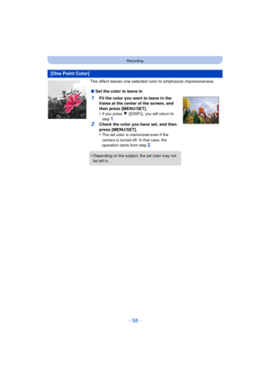 Page 58- 58 -
Recording
This effect leaves one selected color to emphasize impressiveness.
[One Point Color]
∫Set the color to leave in
1Fit the color you want to leave in the 
frame at the center of the screen, and 
then press [MENU/SET].
•
If you press  4 ([DISP.]), you will return to 
step 1.
2Check the color you have set, and then 
press [MENU/SET].
•
The set color is memorized even if the 
camera is turned off. In that case, the 
operation starts from step 
2.
•Depending on the subject, the set color may...