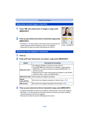 Page 105- 105 -
Conexión a otro equipo
1Pulse 3.
2Pulse 3/4 para seleccionar una opción, luego pulse [MENU/SET].
3Pulse  3 para seleccionar [Inicio impresión] luego pulse [MENU/SET].
•Si aparece la pantalla de control de la impresión, seleccione [Sí] e imprima las imágenes.•Remítase a  P106 para ampliar la información sobre las opciones que pueden ajustarse 
antes de empezar a imprimir las imágenes.
•Desconecte el cable de conexión USB después de imprimir.
Seleccionar una sola imagen e imprimirla
1Pulse  2/1...