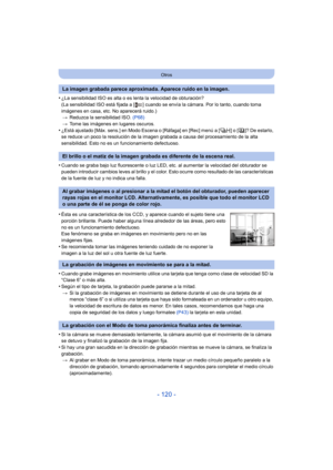 Page 120- 120 -
Otros
•¿La sensibilidad ISO es alta o es lenta la velocidad de obturación?
(La sensibilidad ISO está fijada a [ ] cuando se envía la cámara. Por lo tanto, cuando toma 
imágenes en casa, etc. No aparecerá ruido.)> Reduzca la sensibilidad ISO.  (P68)
> Tome las imágenes en lugares oscuros.
•¿Está ajustado [Máx. sens.] en Modo Escena o [Ráfaga] en [Rec] menú a [ ] o [ ]? De estarlo, 
se reduce un poco la resolución de la imagen grabada a causa del procesamiento de la alta 
sensibilidad. Esto no es...