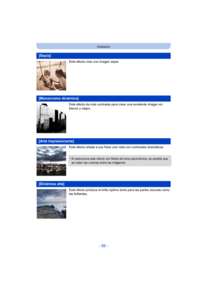 Page 56- 56 -
Grabación
Este efecto crea una imagen sepia.
Este efecto da más contraste para crear una excelente imagen en 
blanco y negro.
Este efecto añade a sus fotos una vista con contrastes dramáticos.
Este efecto produce el brillo óptimo tanto para las partes oscuras como 
las brillantes.
[Sepia]
[Monocromo dinámico]
[Arte impresionante]
•Si selecciona este efecto con Modo de toma panorámica, es posible que 
se noten las uniones entre las imágenes.
[Dinámica alta] 