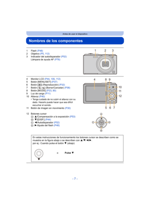 Page 7- 7 -
Antes de usar el dispositivo
Nombres de los componentes
1Flash (P48)
2 Objetivo  (P5, 112)
3 Indicador del autodisparador  (P52)
Lámpara de ayuda AF  (P76)
4 Monitor LCD (P44, 109 , 112)
5 Botón [MENU/SET]  (P37)
6 Botón [ (] (Reproducción) (P32)
7 Botón [ ] (Borrar/Cancelar)  (P36)
8 Botón [MODE]  (P23, 80)
9 Luz de carga  (P11)
10 Altavoz  (P40)
•
Tenga cuidado de no cubrir el altavoz con su 
dedo. Hacerlo puede hacer que sea difícil 
escuchar el sonido.
11 Botón de imagen en movimiento  (P30)
12...