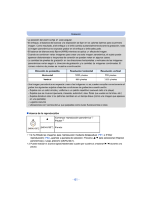 Page 61- 61 -
Grabación
•La posición del zoom se fija en Gran angular.•El enfoque, el balance de blancos y la exposición se fijan en los valores óptimos para la primera 
imagen. Como resultado, si el enfoque o el brillo cambia sustancialmente durante la grabación, toda 
la imagen panorámica no se puede grabar en el enfoque o brillo adecuado.
•El balance de blancos está fijo en [AWB] mientras se aplica un efecto de imagen.•Cuando se combinan varias imágenes para crear una sola imagen panorámica, el sujeto puede...