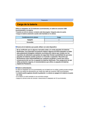 Page 9- 9 -
Preparación
Carga de la batería
Utilice el adaptador de CA dedicado (suministrado), el cable de conexión USB 
(suministrado) y la batería.
•
Cuando se envía la cámara, la batería está descargada. Cárguela antes de usarla.•Cargue la batería solamente cuando está insertada en la cámara.
∫Acerca de la baterías que puede utilizar con este dispositivo
∫ Sobre la alimentación
Si utiliza el adaptador de CA (suministrado) con la batería  en la unidad, puede proveer energía 
desde una salida de alimentación...