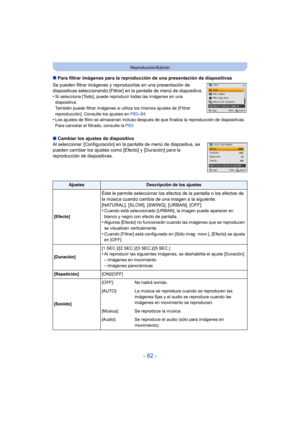 Page 82- 82 -
Reproducción/Edición
∫Para filtrar imágenes para la reproducción de una presentación de diapositivas
Se pueden filtrar imágenes y reproducirlas en una presentación de 
diapositivas seleccionando [Filtrar] en la pantalla de menú de diapositiva.
•
Si selecciona [Todo], puede reproducir todas las imágenes en una 
diapositiva. 
También puede filtrar imágenes si utiliza los mismos ajustes de [Filtrar 
reproducción]. Consulte los ajustes en  P83
–84.•Los ajustes de filtro se almacenan incluso después de...