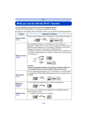 Page 105- 105 -
Wi-Fi
What you can do with the Wi-FiR function
You can wirelessly connect this unit to Wi-Fi-compatible devices.
•Connect a PC, an AV device, etc., to a wireless access point in advance.
By using this unit’s wireless LAN communication function, you can perform the following operations.
FeatureDescription of functions
[Smart Transfer]
  (P122)
Transfer recorded images to a PC, an AV device or a Cloud Folder automatically.
[Remote Control]
 (P109)
By connecting the camera to a smartphone via the...