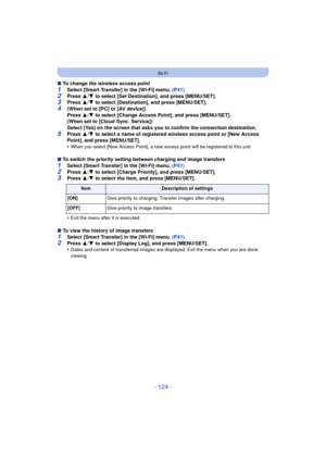 Page 124- 124 -
Wi-Fi
∫To change the wireless access point
1Select [Smart Transfer] in the [Wi-Fi] menu.  (P41)2Press 3/4  to select [Set Destination], and press [MENU/SET].3Press  3/4  to select [Destination], and press [MENU/SET].
4(When set to [PC] or [AV device])
Press  3/4  to select [Change Access Point], and press [MENU/SET].
(When set to [Cloud Sync. Service])
Select [Yes] on the screen that asks you to confirm the connection destination.
5Press  3/4  to select a name of registered wireless access point...