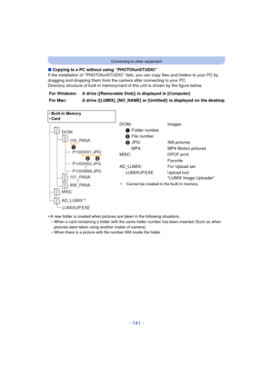 Page 141- 141 -
Connecting to other equipment
∫Copying to a PC without using “ PHOTOfunSTUDIO ”
If the installation of “ PHOTOfunSTUDIO ” fails, you can copy files and folders to your PC by 
dragging and dropping them from the camera after connecting to your PC.
Directory structure of built-in memory/card of this unit is shown by the figure below.
•
A new folder is created when pictures are taken in the following situations.
–When a card containing a folder with the same folder number has been inserted (Such as...