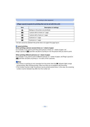 Page 151- 151 -
Connecting to other equipment
•An item cannot be selected if the printer does not support the page layout.
∫Layout printing
When printing a picture several times on 1 sheet of paper
For example, if you want to print the same picture 4 times on 1 sheet of paper, set 
[Page Layout] to [ ä] and then set [Num.of prints] to 4 for the picture that you want to print.
When printing different pictures on 1 sheet of paper
For example, if you want to print 4 different  pictures on 1 sheet of paper, set...