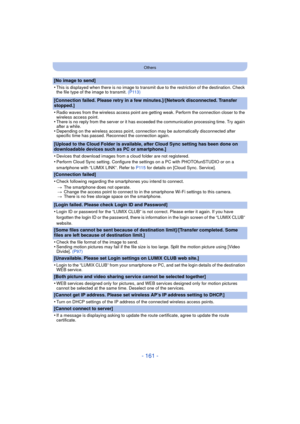 Page 161- 161 -
Others
[No image to send]
•
This is displayed when there is no image to transmit due to the restriction of the destination. Check 
the file type of the image to transmit. (P113)
[Connection failed. Please retry in a few minutes.]/[Network disconnected. Transfer 
stopped.]
•
Radio waves from the wireless access point are getting weak. Perform the connection closer to the 
wireless access point.
•There is no reply from the server or it has exceeded the communication processing time. Try again...