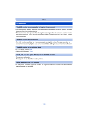 Page 165- 165 -
Others
•This phenomenon appears when you press the shutter button halfway to set the aperture value and 
does not affect the recorded pictures.
•This phenomenon also appears when the brightness changes when the camera is zoomed or when 
the camera is moved. This is because of operation of the automatic aperture of the camera, and it is 
not a malfunction.
•The LCD monitor may flicker for a few seconds after turning this unit on. This is an operation to 
correct flicker caused by lighting such as...