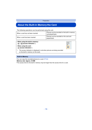 Page 19- 19 -
Preparation
About the Built-in Memory/the Card
•You can copy the recorded pictures to a card. (P104)•Memory size: Approx. 55 MB
•The access time for the built-in memory may be longer than the access time for a card.
The following operations can be performed using this unit:
When a card has not been insertedPictures can be recorded on the built-in memory 
and played back.
When a card has been inserted Pictures can be recorded on the card and 
played back.
•When using the built-in memory:
k
>ð...