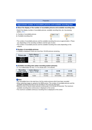 Page 22- 22 -
Preparation
∫About the display of the number of recordable pictures and available recording time
∫ Number of recordable pictures
•
[ i 99999] is displayed if there are more than 100,000 pictures remaining.
∫ Available recording time (when recording motion pictures)
•“h” is an abbreviation for hour, “m” for minute and “s” for second.
Note
•The recordable time is the total time of all the motion pictures which have been recorded.
•When selecting images to upload to the WEB service, The number of...