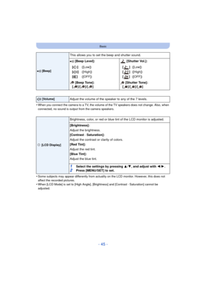 Page 45- 45 -
Basic
•When you connect the camera to a TV, the volume of the TV speakers does not change. Also, when 
connected, no sound is output from the camera speakers.
•Some subjects may appear differently from actuality on the LCD monitor. However, this does not 
affect the recorded pictures.
•When [LCD Mode] is set to [High Angle], [Brightness] and [Contrast · Saturation] cannot be 
adjusted.
r [Beep]
This allows you to set the beep and shutter sound.
r [Beep Level]:  [Shutter Vol.]:
[t ]
[u ] 
[s ]...