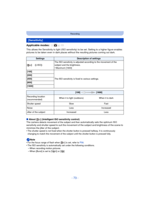 Page 73- 73 -
Recording
Applicable modes: 
This allows the Sensitivity to light (ISO sensitivity) to be set. Setting to a higher figure enables 
pictures to be taken even in dark places wi thout the resulting pictures coming out dark.
∫ About [ ] (Intelligent ISO sensitivity control)
The camera 
detects movement of the subject and then automatically sets the optimum ISO 
sensitivity and shutter speed to suit the movement of the subject and brightness of the scene to 
minimize the jitter of the subject.
•
The...