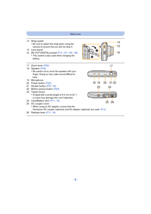 Page 9- 9 -
Before Use
14 Strap eyelet•Be sure to attach the strap when using the 
camera to ensure that you will not drop it.
15 Lens barrel
16 [AV OUT/DIGITAL] socket  (P13, 137,  140, 146)•This socket is also used when charging the 
battery.
17 Zoom lever  (P52)
18 Speaker  (P45)
•
Be careful not to cover the speaker with your 
finger. Doing so may make sound difficult to 
hear.
19 Microphone
20 Power button (P23)
21 Shutter button  (P27, 30)
22 Motion picture button  (P33)
23 Tripod mount •
A tripod with a...
