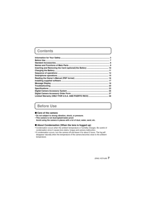 Page 77(ENG) VQT4J93
Contents
Information for Your Safety ......................................................................................... 3
Before Use .................................................................................................................... 7
Standard Accessories.................................................................................................. 8
Names and Functions of Main Parts .......................................................................... 9...