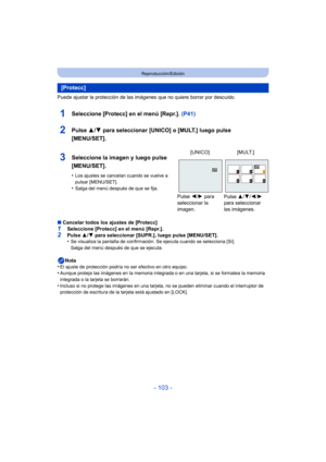 Page 103- 103 -
Reproducción/Edición
Puede ajustar la protección de las imágenes que no quiere borrar por descuido.
1Seleccione [Protecc] en el menú [Repr.]. (P41)
2Pulse 3/4 para seleccionar [UNICO] o [MULT.] luego pulse 
[MENU/SET].
∫ Cancelar todos los ajustes de [Protecc]
1Seleccione [Protecc] en el menú [Repr.].2Pulse  3/4 para seleccionar [SUPR.], luego pulse [MENU/SET].
•Se visualiza la pantalla de confirmación. Se ejecuta cuando se selecciona [Sí]. 
Salga del menú después de que se ejecuta.
Nota
•El...