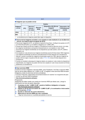 Page 115- 115 -
Wi-Fi
∫Imágenes que se pueden enviar
¢ La transferencia de imágenes puede fallar según el dispositivo.
Imágenes 
a enviar
Destino
[PC][Servicio sincron. 
de nube][Servicio 
WEB][Dispositivo AV] ([Enviar  imagen])[Dispositivo AV]([Transferencia  smart])
[Hogar][Externo]
JPEG ±± ± ± ± ±
MP4 ±± ± ±
¢±±¢
∫Acerca de las imágenes enviadas a una carpeta en nube mediante el uso de [Servicio 
sincron. de nube] (a pa rtir de agosto de 2012)
•
Para enviar imágenes a la PC, se requiere el ajuste de Cloud...