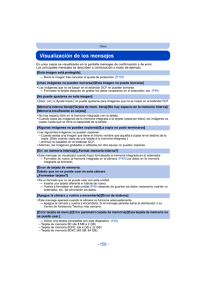 Page 159- 159 -
Otros
Visualización de los mensajes
En unos casos se visualizarán en la pantalla mensajes de confirmación o de error.
Los principales mensajes se describen a continuación a modo de ejemplo.
[Esta imagen está protegida]
>Borre la imagen tras cancelar el ajuste de protección.  (P103)
[Unas imágenes no pueden borrarse]/[Esta imagen no puede borrarse]
•
Las imágenes que no se basan en el estándar DCF no pueden borrarse.
> Formatee la tarjeta después de grabar los datos necesarios en el ordenador,...