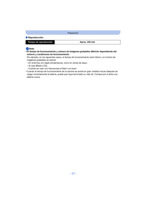Page 17- 17 -
Preparación
∫Reproducción
Nota
•
El tiempo de funcionamiento y número de imágenes grabables diferirán dependiendo del 
entorno y condiciones de funcionamiento.
Por ejemplo, en los siguientes casos, el tiempo de  funcionamiento será inferior y el número de 
imágenes grabables se reduce.
–En entornos con bajas temperaturas, como en zonas de esquí.
–Al usar [Modo LCD].–Cuando se usan con frecuencias el flash o el zoom.•Cuando el tiempo de funcionamiento de la cámara se acorta en gran medida incluso...