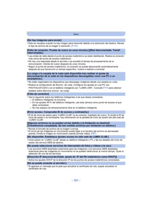 Page 161- 161 -
Otros
[No hay imágenes para enviar]
•
Esto se visualiza cuando no hay imagen para transmitir debido a la restricción del destino. Revise 
el tipo de archivo de la imagen a transmitir. (P113)
[Fallo de conexión. Pruebe de nuevo en unos minutos.]/[Red desconectada. Transf. 
interrumpida.]
•
Las ondas de radio desde el punto de acceso inalámbrico se están debilitando. Realice la conexión 
más cerca del punto de acceso inalámbrico.
•No hay una respuesta desde el servidor o se excedió el tiempo de...