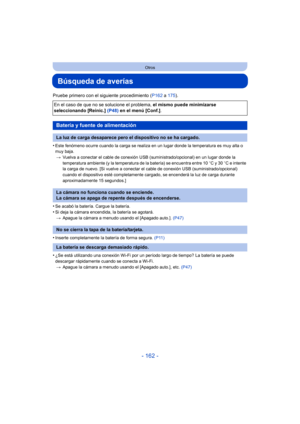 Page 162- 162 -
Otros
Búsqueda de averías
Pruebe primero con el siguiente procedimiento (P162 a 175 ).
•
Este fenómeno ocurre cuando la carga se realiza en un lugar donde la temperatura es muy alta o 
muy baja. > Vuelva a conectar el cable de conexión USB (suministrado/opcional) en un lugar donde la 
temperatura ambiente (y la temperatura de la batería) se encuentra entre 10 oC y 30 oC  e intente 
la carga de nuevo. [Si vuelve a conectar el cable de conexión USB (suministrado/opcional) 
cuando el dispositivo...