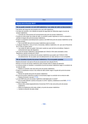 Page 169- 169 -
Otros
•Use dentro del rango de comunicación de la red LAN inalámbrica.
•Los tipos de conexión y los métodos de ajuste de seguridad son diferentes según el punto de 
acceso inalámbrico.> Consulte las instrucciones de funcionamiento del punto de acceso inalámbrico.
•Cuando se interrumpen las ondas de radio, la condición puede mejorarse al mover la ubicación o 
cambiar el ángulo del punto de acceso inalámbrico.
•Puede no conectarse automáticamente cuando la red SSID del punto de acceso inalámbrico...