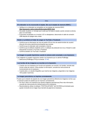 Page 173- 173 -
Otros
>Verifique si su ordenador es compatible con las tarjetas de memoria SDXC.
http://panasonic.net/avc/sdcard/information/SDXC.html
>Se puede visualizar un mensaje que le pide que formatee la tarjeta cuando conecta la cámara, 
pero no la formatee.
> Si [Acceso] visualizado en el monitor LCD no desaparece, desconecte el cable de conexión 
USB después de apagar esta unidad.
> Confirme que la información de inicio de sesión (ID de inicio de sesión/nombre de usuario/
dirección de correo...