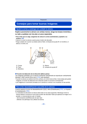 Page 25- 25 -
Preparación
Consejos para tomar buenas imágenes
Sujete suavemente la cámara con ambas manos, tenga los brazos inmóviles a 
su lado y quédese con los pies un poco separados.
•Para evitar que se caiga, asegúrese de colocar la correa suministrada y ajustarla a su 
muñeca. (P9)
•Intente no mover la cámara cuando pulsa el botón del obturador.•Tenga cuidado de no poner sus dedos sobre el fl ash, el lámpara de ayuda AF, el micrófono, el 
altavoz o la lente, etc.
∫ Función de detección de la dirección...