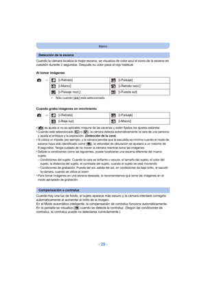 Page 28- 28 -
Básico
Cuando la cámara localiza la mejor escena, se visualiza de color azul el icono de la escena en 
cuestión durante 2 segundos. Después su color pasa al rojo habitual.
Al tomar imágenes
Cuando graba imágenes en movimiento
•
[ ¦ ] se ajusta si no es aplicable ninguna de las escenas y están fijados los ajustes estándar.
•Cuando esté seleccionado [ ] o [ ], la cámara detecta automáticamente la cara de una persona 
y ajusta el enfoque y la exposición.  (Detección de la cara)
•Si utiliza un...